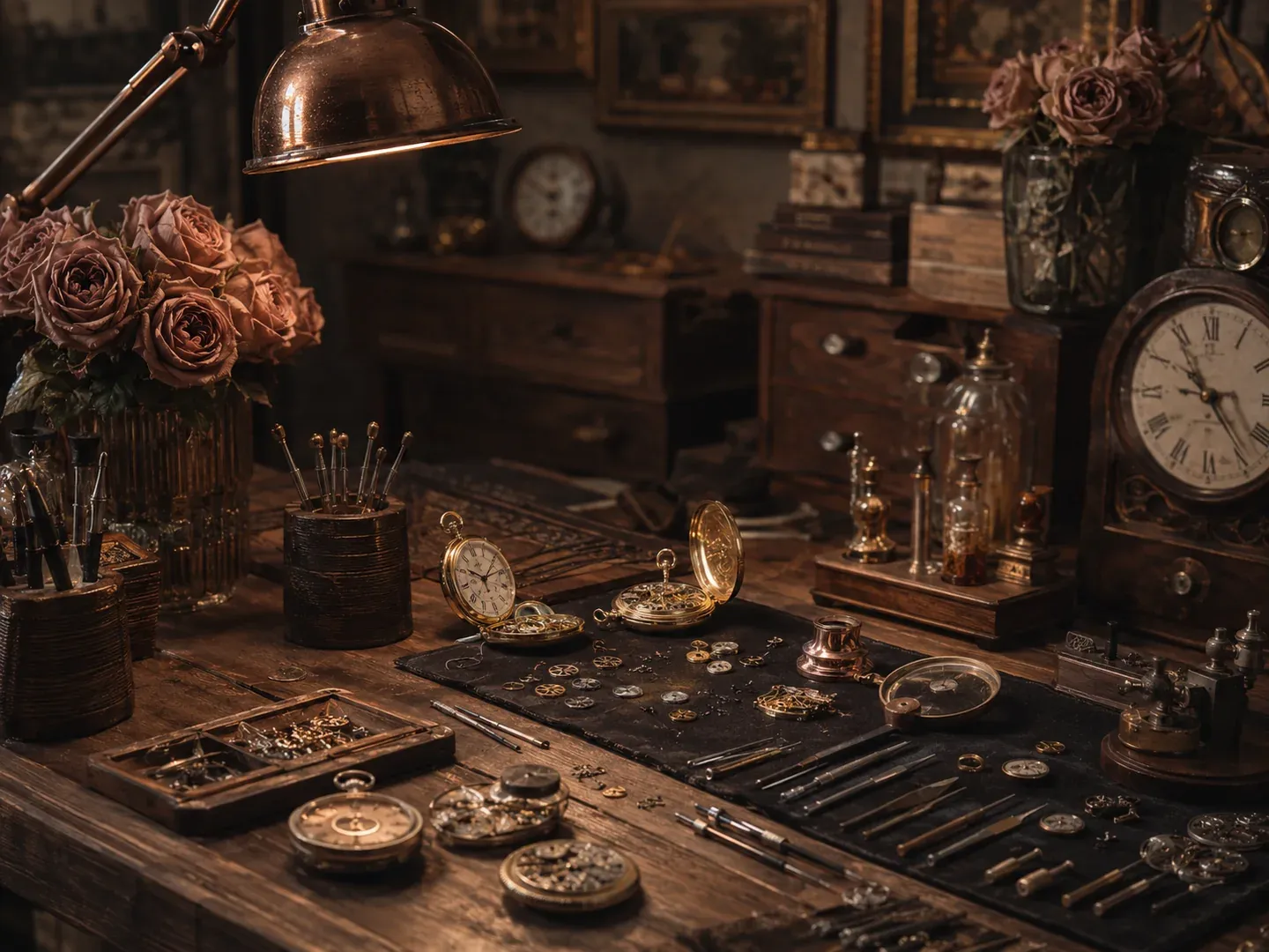 Moody vintage watchmaker workbench with a copper desk lamp, precision tools, old clocks and rose accents