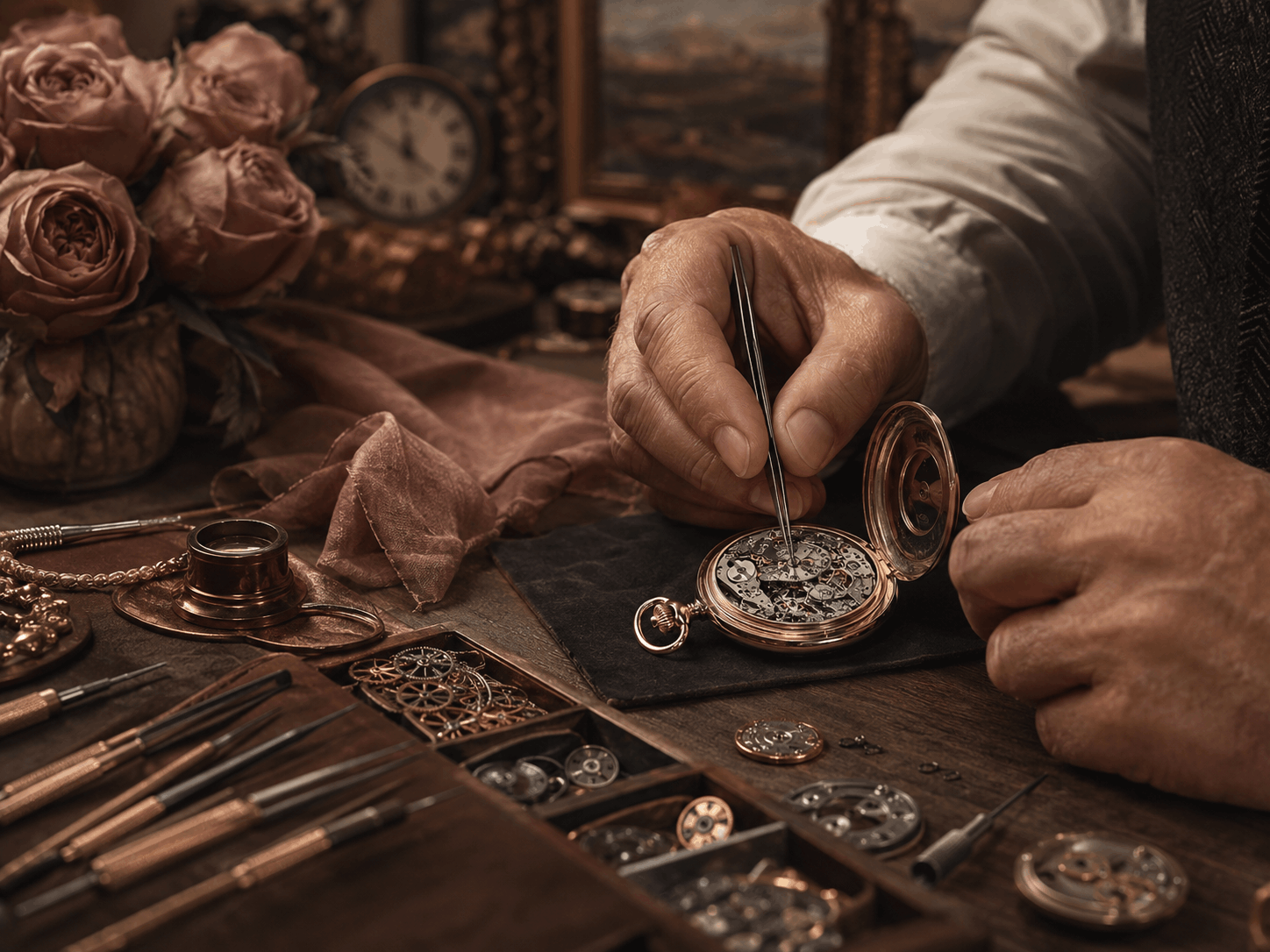 Hands restoring a vintage pocket watch on a dark wooden atelier table with dusty rose flowers