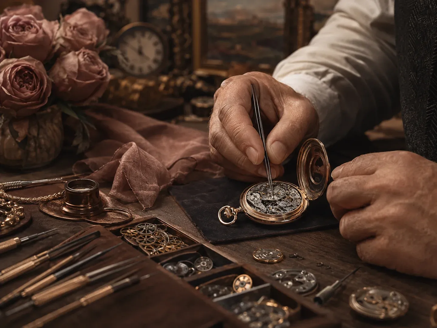 Watchmaker restoring an antique pocket watch in a warm vintage atelier with dusty rose flowers and copper tools
