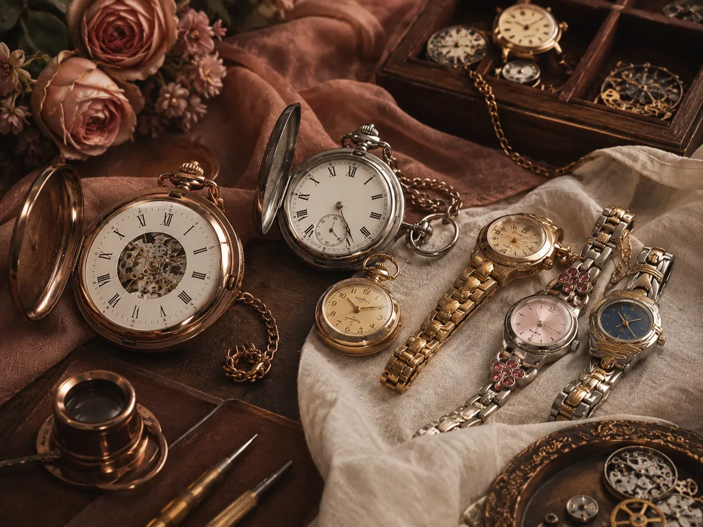 Restored pocket watches and vintage wristwatches styled on cream fabric and dusty rose textile